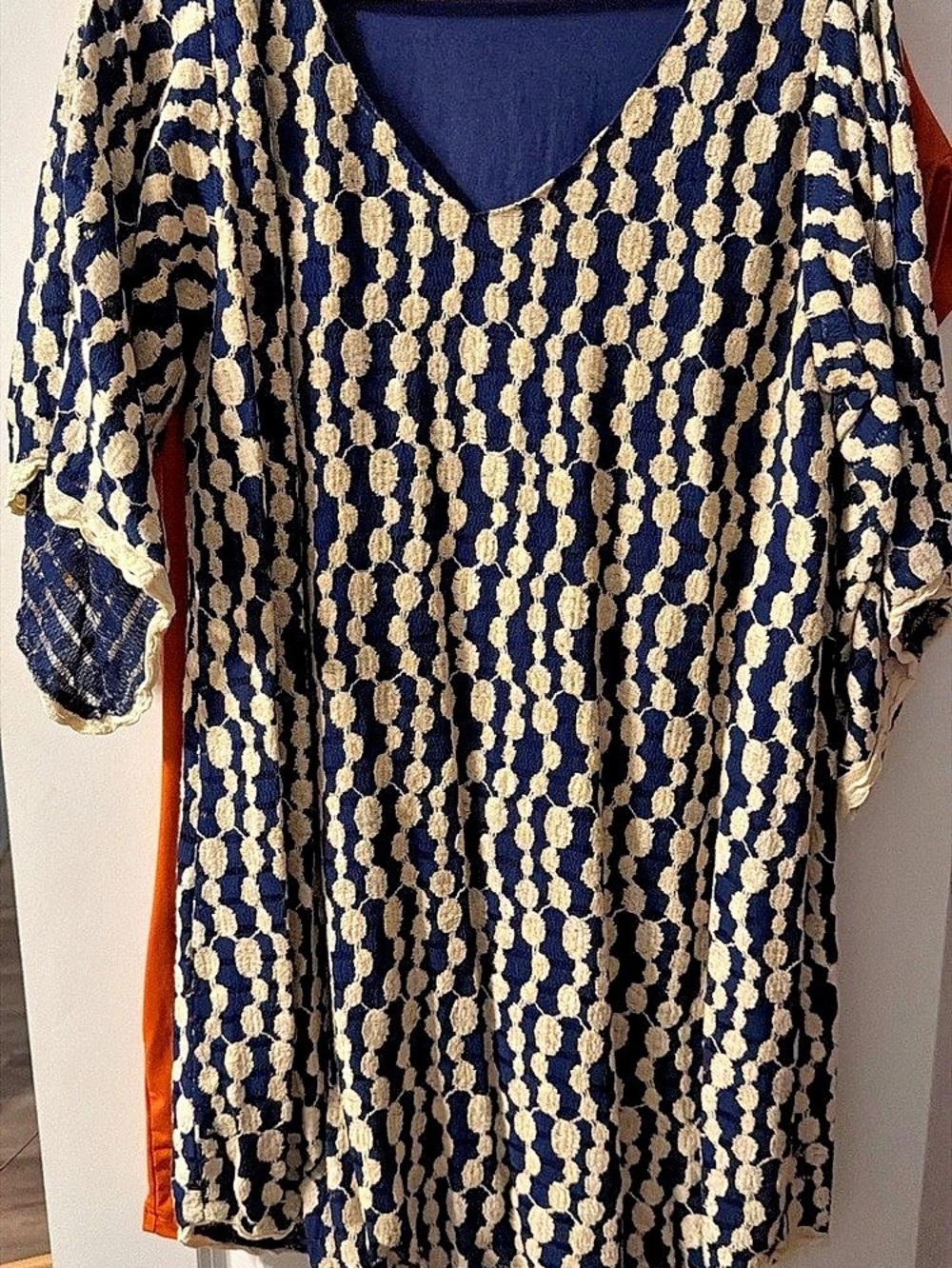 Umgee Geometric Short Sleeve Blouse Blue & Cream Size Medium